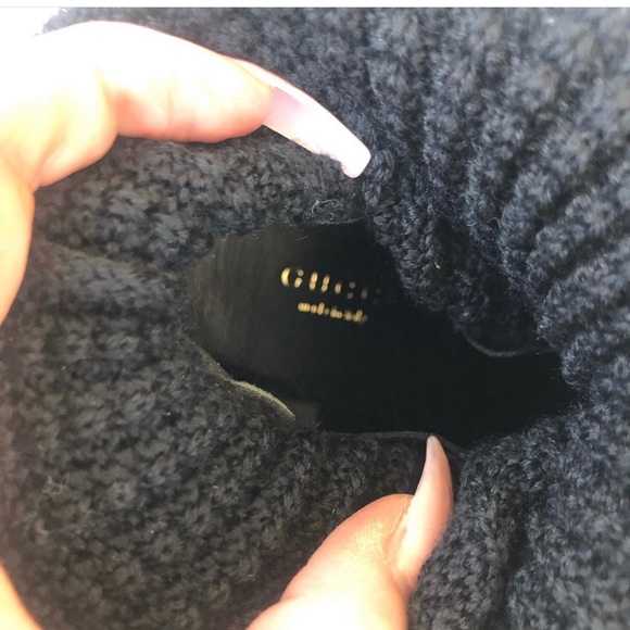 Gucci Black Leather Logo Knit Wool OTK Wedge Boots - Picture 9 of 9